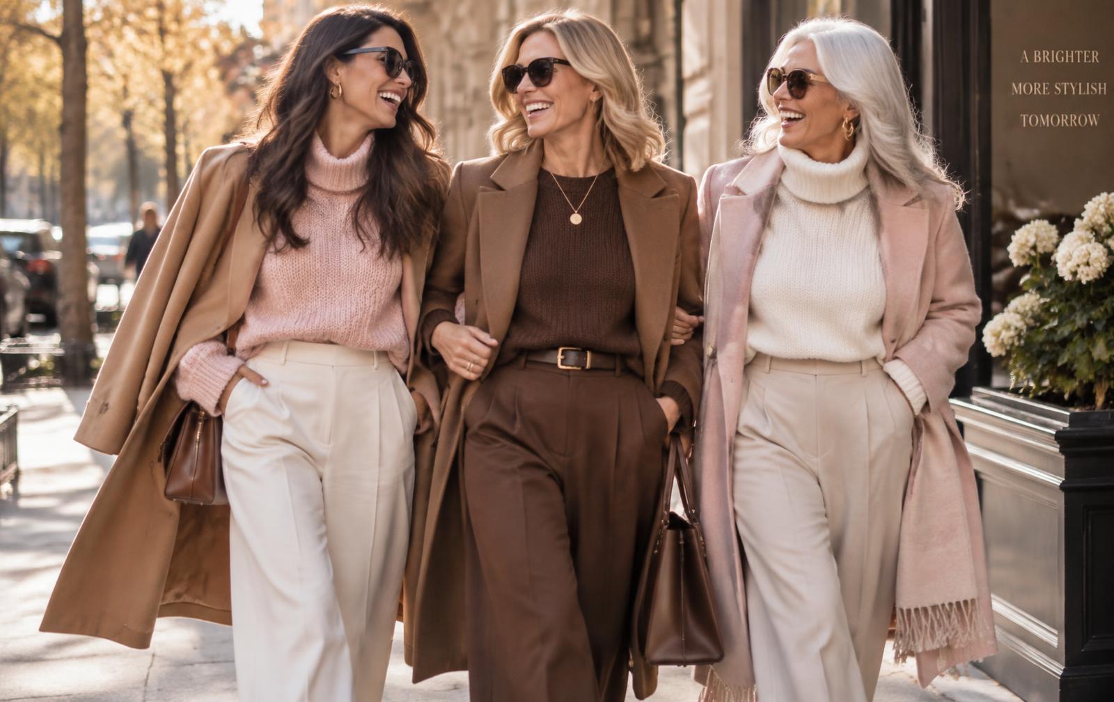 Three stylish women walking together in blush, mocha and cream outfits